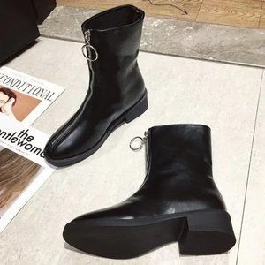 New Front Zipper Round Toe Chunky Heel All-match Mid-Cut Martin Boots